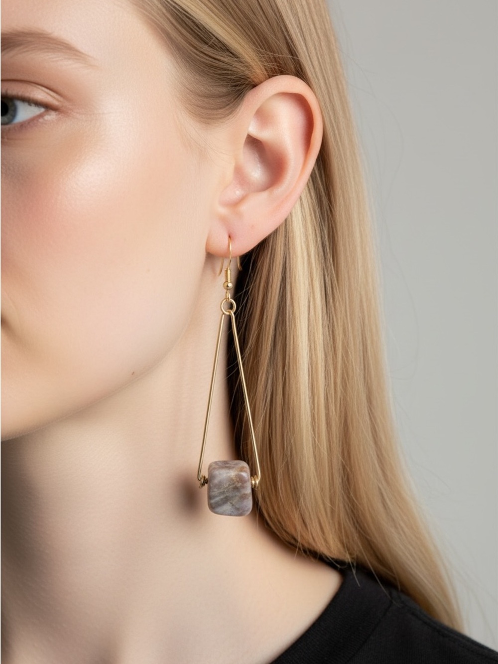 10/4 Gold-Tone Geometric Drop Earrings with Gray Natural Stone